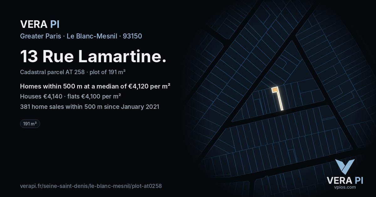 13 Rue Lamartine, Le Blanc-Mesnil at night – the plot lit, the parcels around coloured by the prices near them