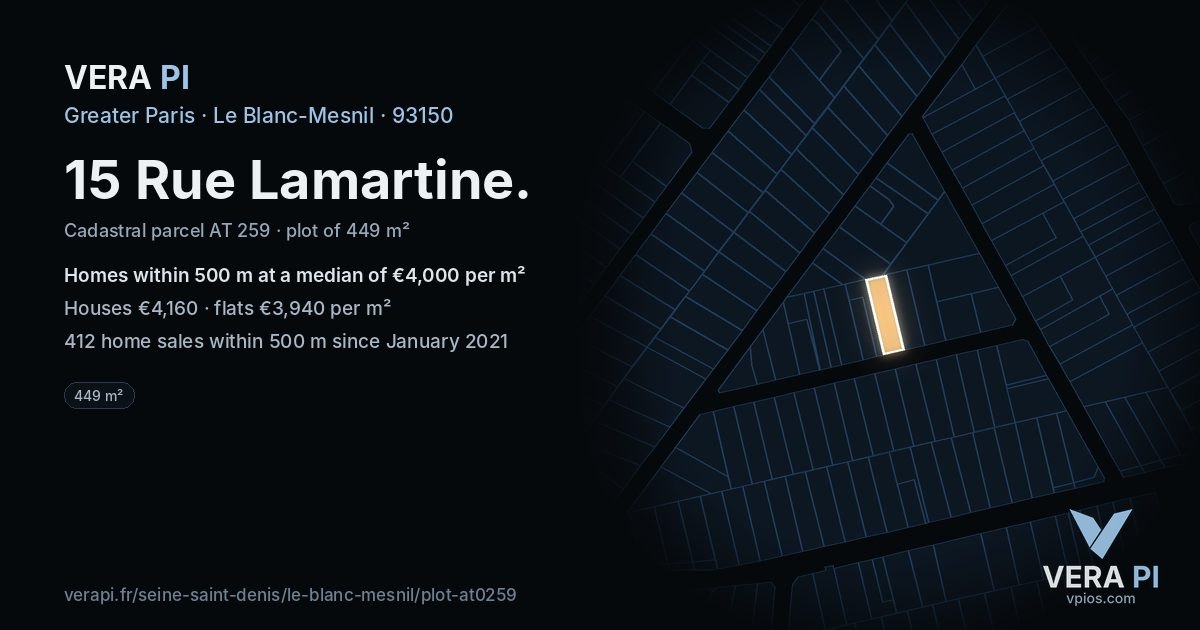 15 Rue Lamartine, Le Blanc-Mesnil at night – the plot lit, the parcels around coloured by the prices near them