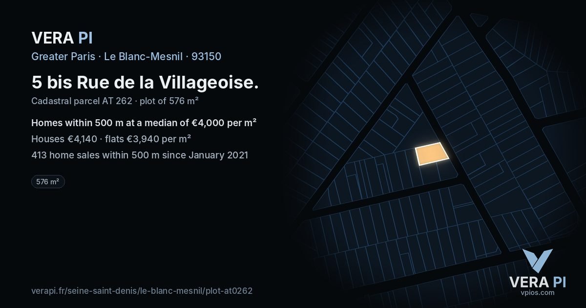 5 bis Rue de la Villageoise, Le Blanc-Mesnil at night – the plot lit, the parcels around coloured by the prices near them