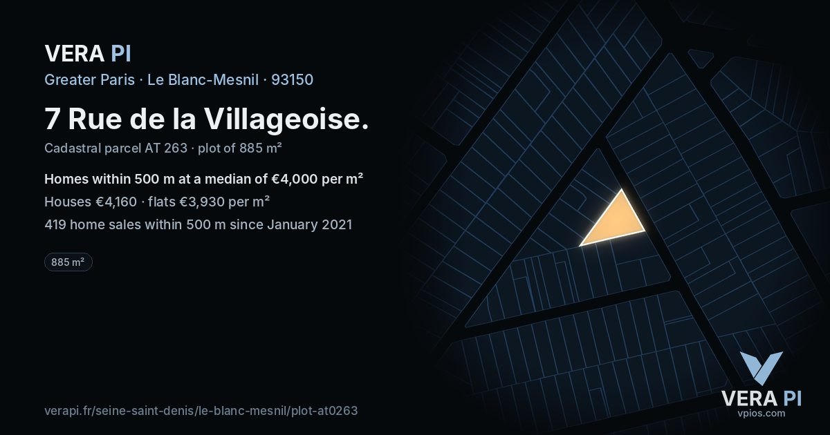 7 Rue de la Villageoise, Le Blanc-Mesnil at night – the plot lit, the parcels around coloured by the prices near them