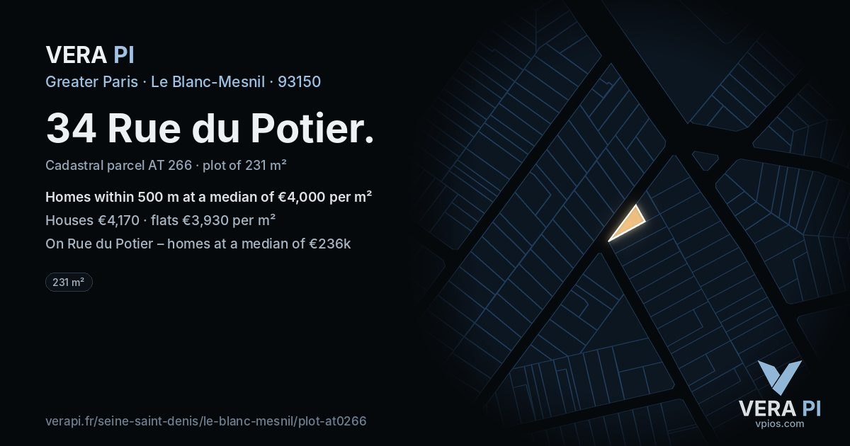 34 Rue du Potier, Le Blanc-Mesnil at night – the plot lit, the parcels around coloured by the prices near them