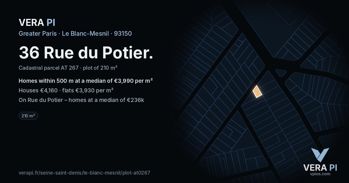 36 Rue du Potier, Le Blanc-Mesnil at night – the plot lit, the parcels around coloured by the prices near them