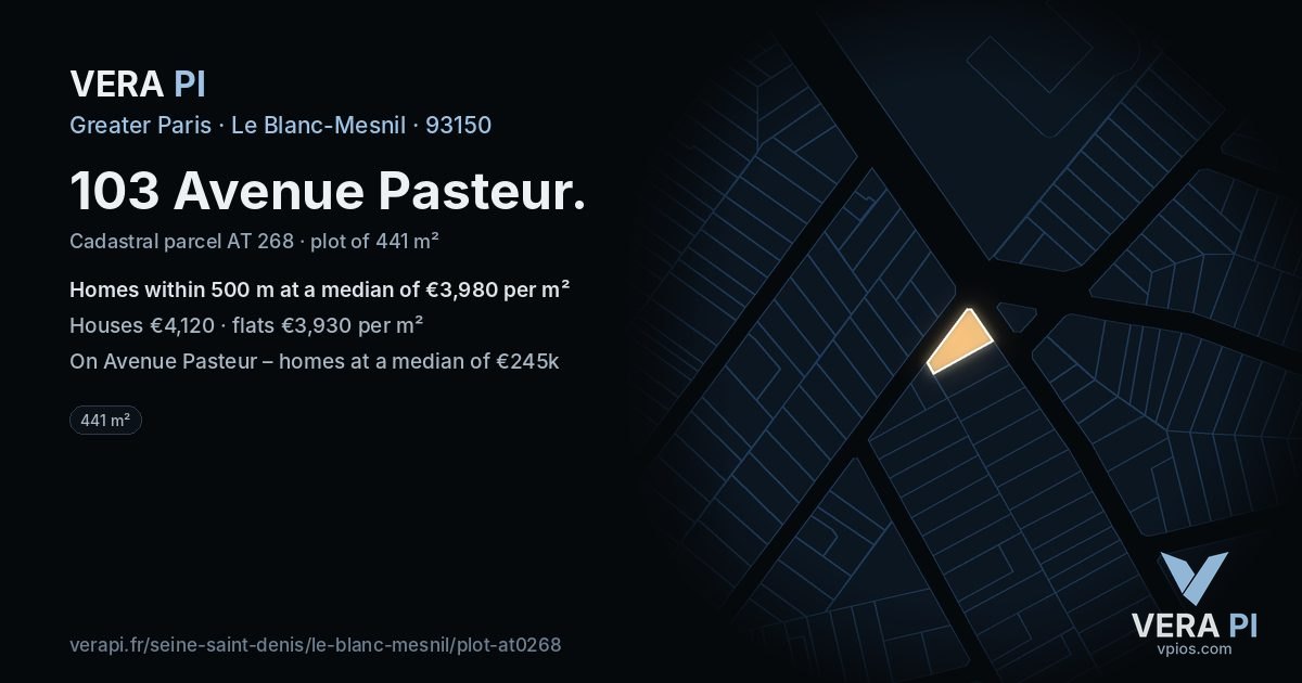 103 Avenue Pasteur, Le Blanc-Mesnil at night – the plot lit, the parcels around coloured by the prices near them