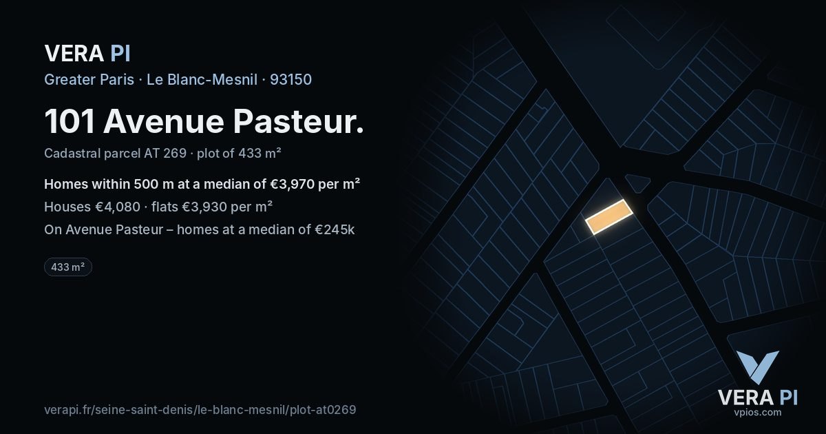 101 Avenue Pasteur, Le Blanc-Mesnil at night – the plot lit, the parcels around coloured by the prices near them
