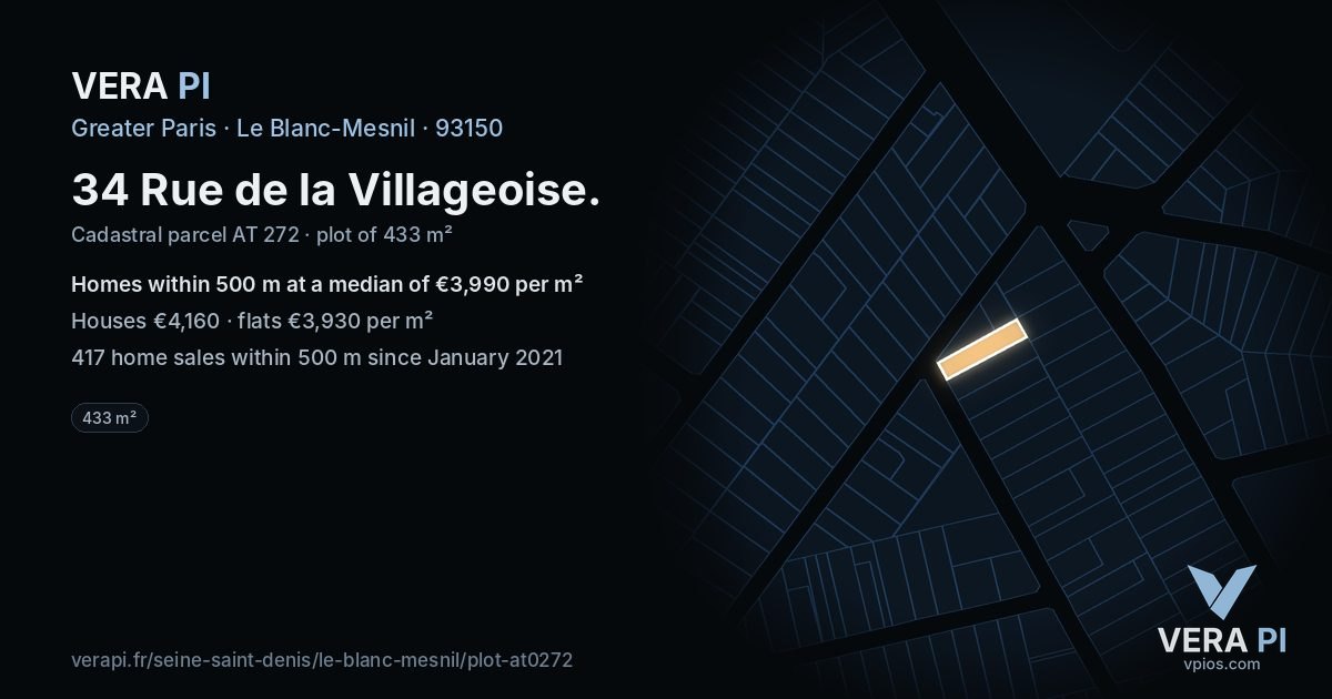34 Rue de la Villageoise, Le Blanc-Mesnil at night – the plot lit, the parcels around coloured by the prices near them