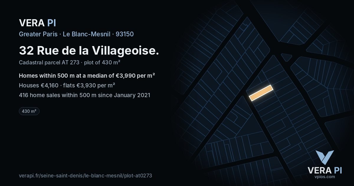 32 Rue de la Villageoise, Le Blanc-Mesnil at night – the plot lit, the parcels around coloured by the prices near them