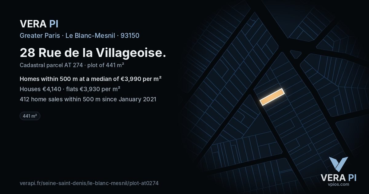 28 Rue de la Villageoise, Le Blanc-Mesnil at night – the plot lit, the parcels around coloured by the prices near them