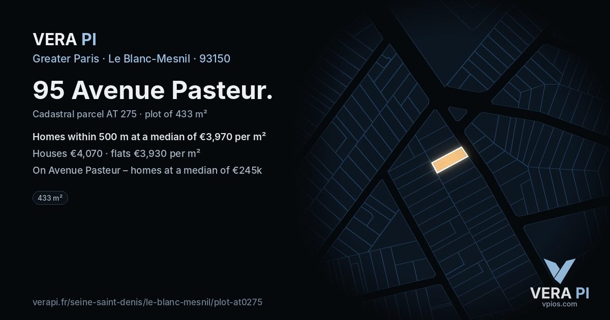 95 Avenue Pasteur, Le Blanc-Mesnil at night – the plot lit, the parcels around coloured by the prices near them