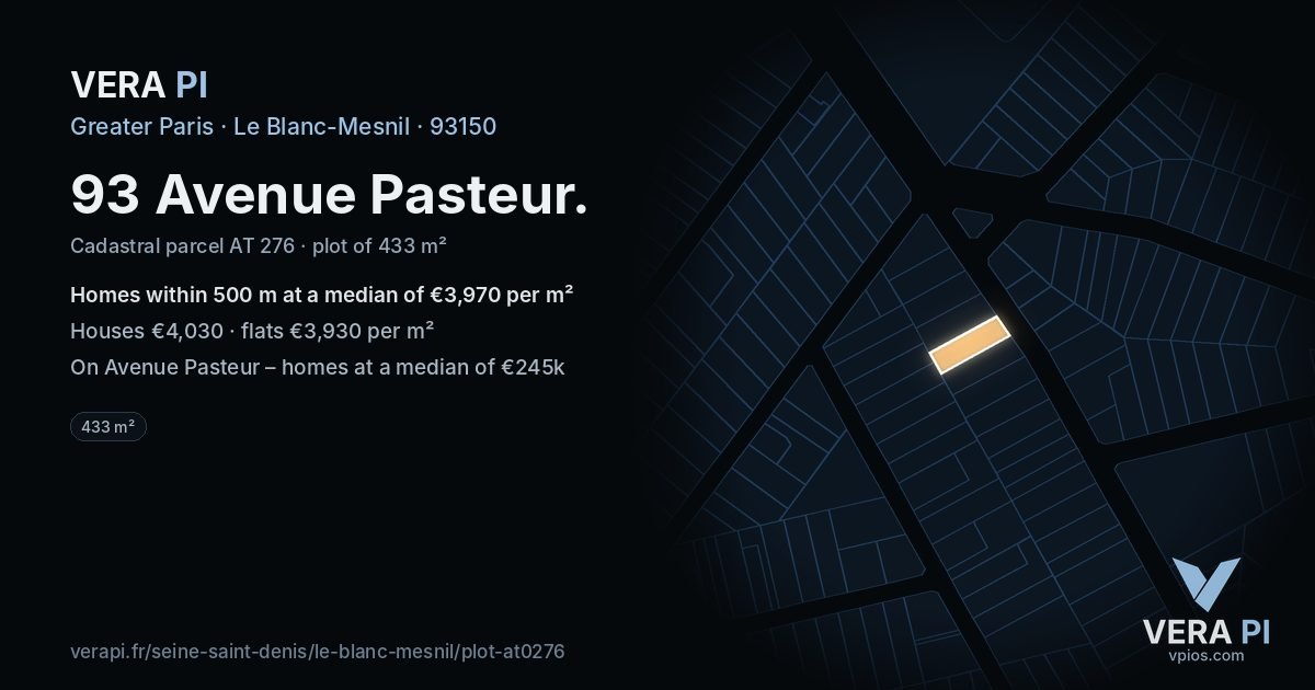 93 Avenue Pasteur, Le Blanc-Mesnil at night – the plot lit, the parcels around coloured by the prices near them