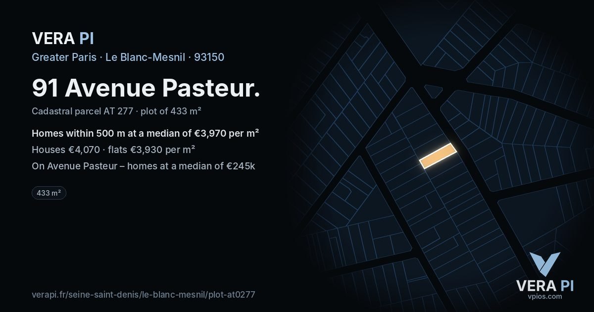 91 Avenue Pasteur, Le Blanc-Mesnil at night – the plot lit, the parcels around coloured by the prices near them