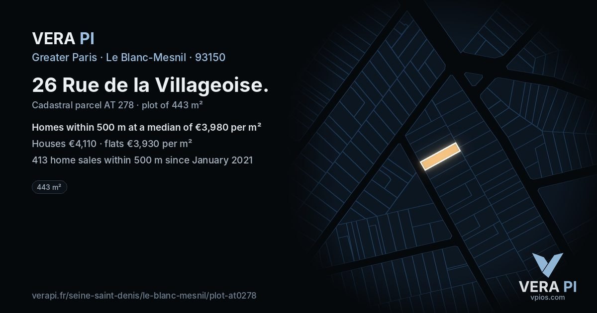 26 Rue de la Villageoise, Le Blanc-Mesnil at night – the plot lit, the parcels around coloured by the prices near them