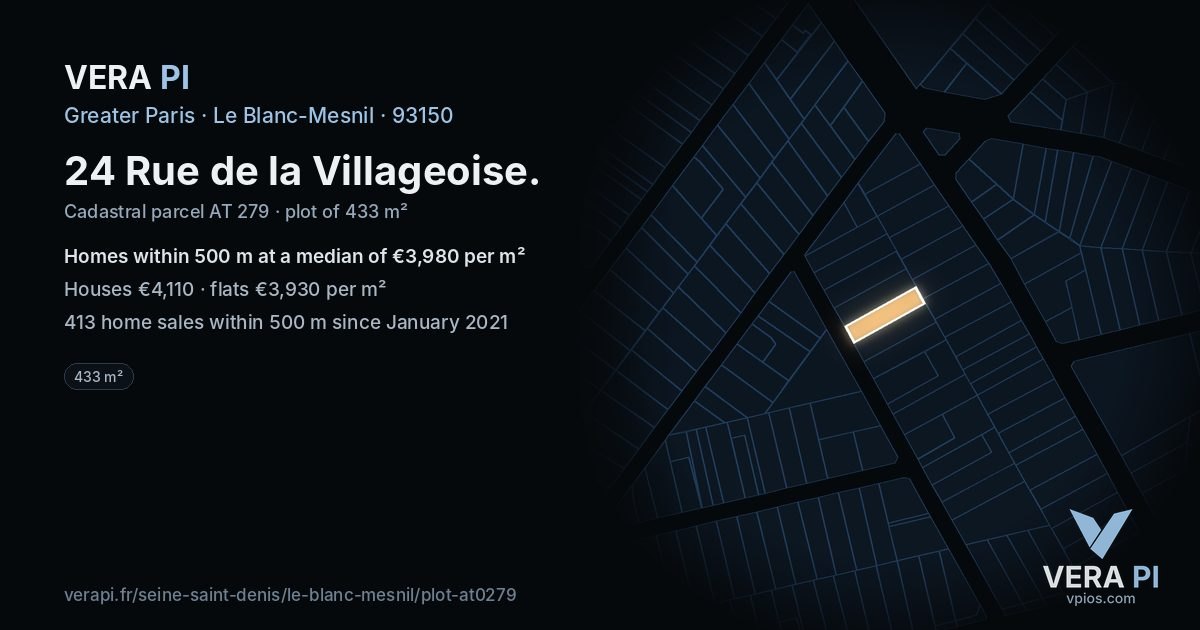24 Rue de la Villageoise, Le Blanc-Mesnil at night – the plot lit, the parcels around coloured by the prices near them