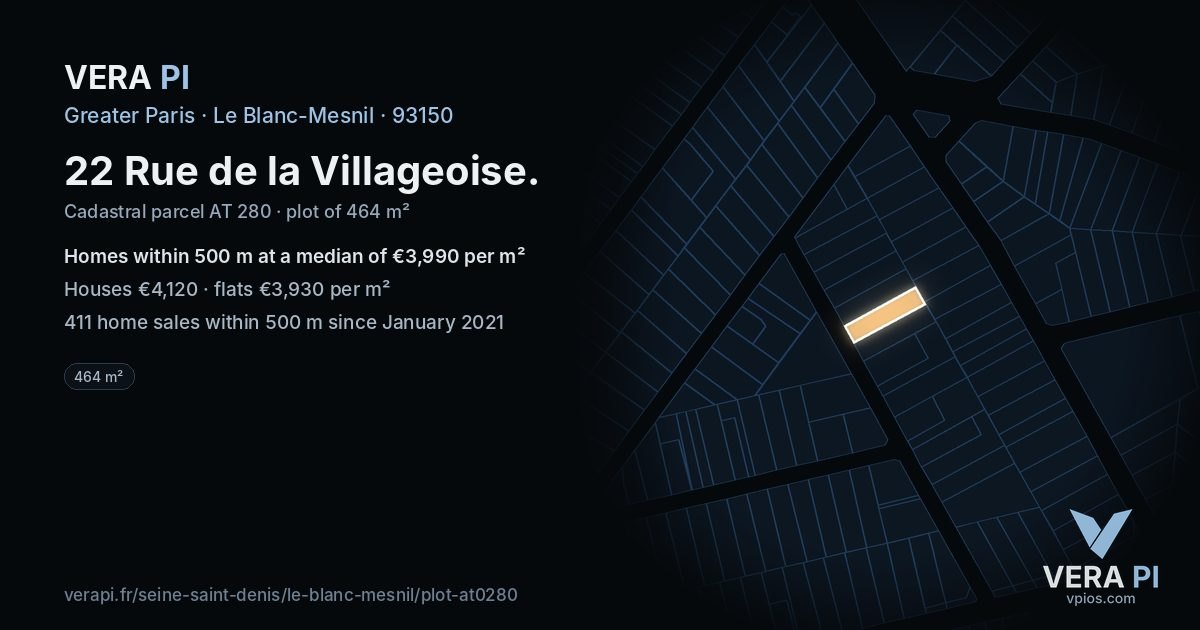 22 Rue de la Villageoise, Le Blanc-Mesnil at night – the plot lit, the parcels around coloured by the prices near them