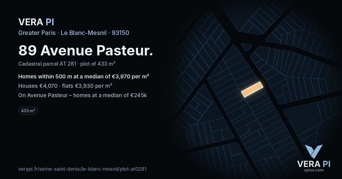 89 Avenue Pasteur, Le Blanc-Mesnil at night – the plot lit, the parcels around coloured by the prices near them