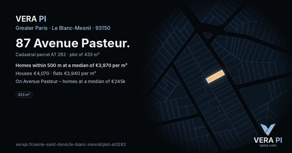 87 Avenue Pasteur, Le Blanc-Mesnil at night – the plot lit, the parcels around coloured by the prices near them