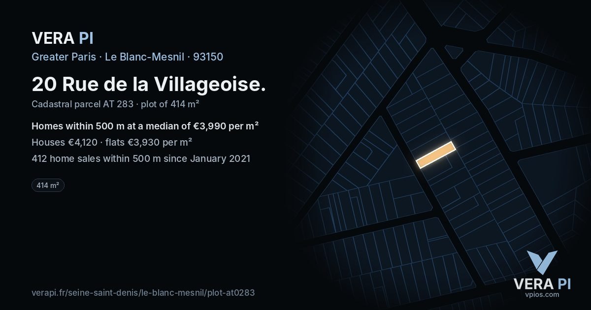 20 Rue de la Villageoise, Le Blanc-Mesnil at night – the plot lit, the parcels around coloured by the prices near them
