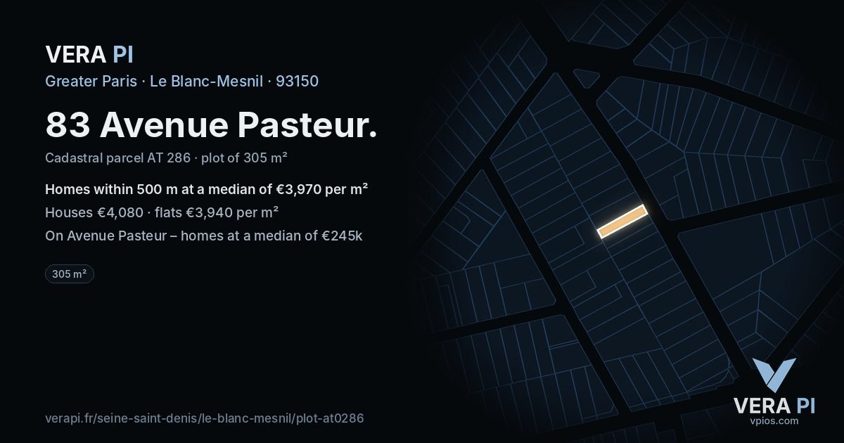 83 Avenue Pasteur, Le Blanc-Mesnil at night – the plot lit, the parcels around coloured by the prices near them