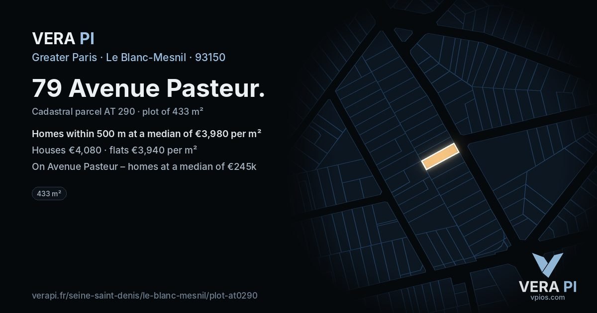 79 Avenue Pasteur, Le Blanc-Mesnil at night – the plot lit, the parcels around coloured by the prices near them