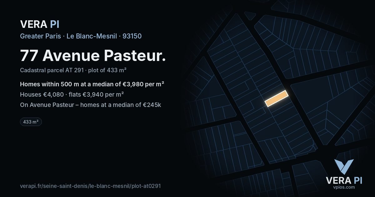 77 Avenue Pasteur, Le Blanc-Mesnil at night – the plot lit, the parcels around coloured by the prices near them