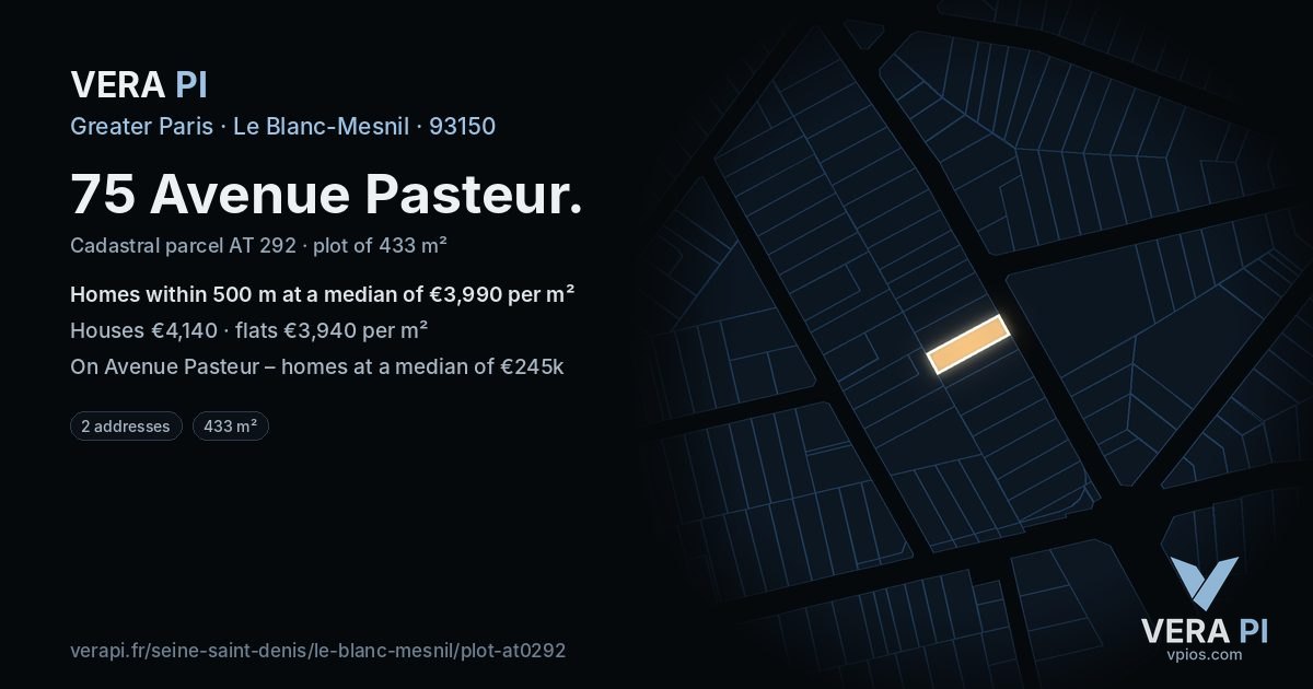 75 Avenue Pasteur, Le Blanc-Mesnil at night – the plot lit, the parcels around coloured by the prices near them
