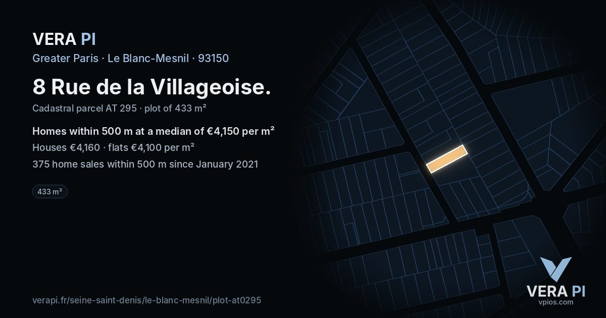 8 Rue de la Villageoise, Le Blanc-Mesnil at night – the plot lit, the parcels around coloured by the prices near them