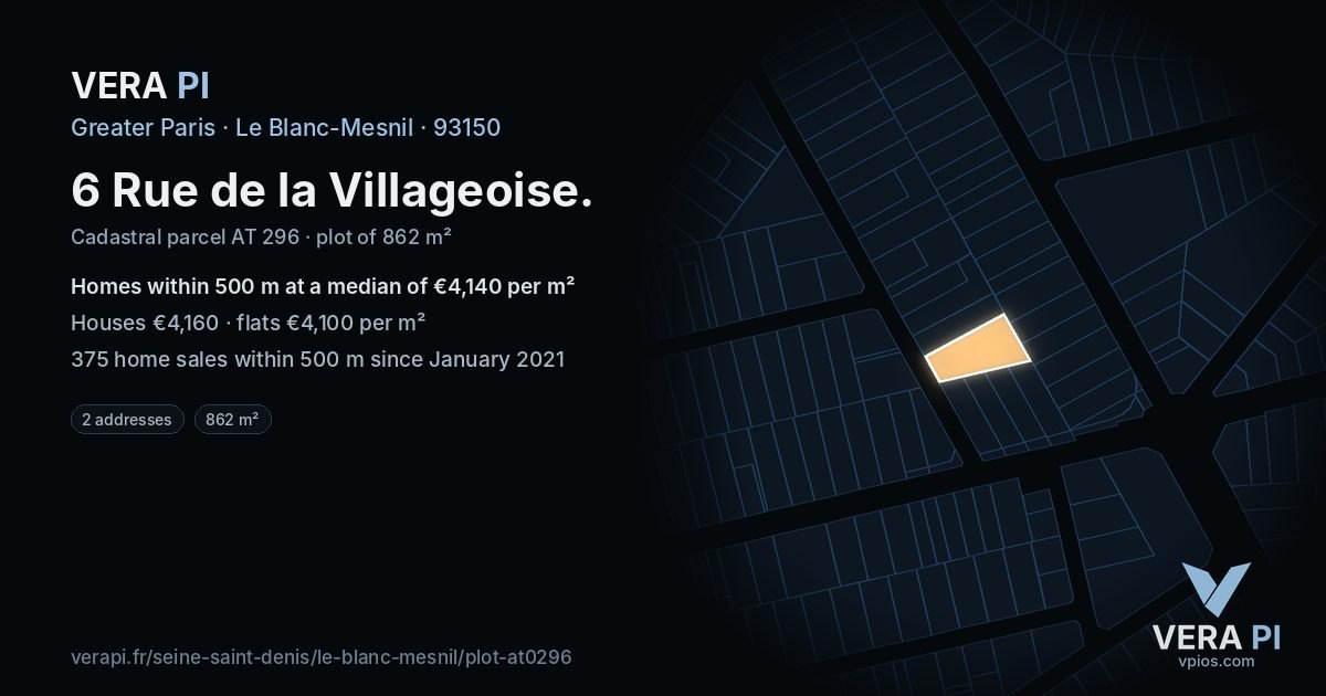 6 Rue de la Villageoise, Le Blanc-Mesnil at night – the plot lit, the parcels around coloured by the prices near them