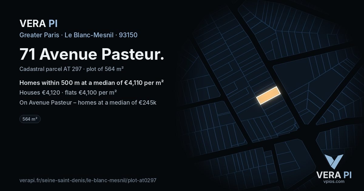 71 Avenue Pasteur, Le Blanc-Mesnil at night – the plot lit, the parcels around coloured by the prices near them