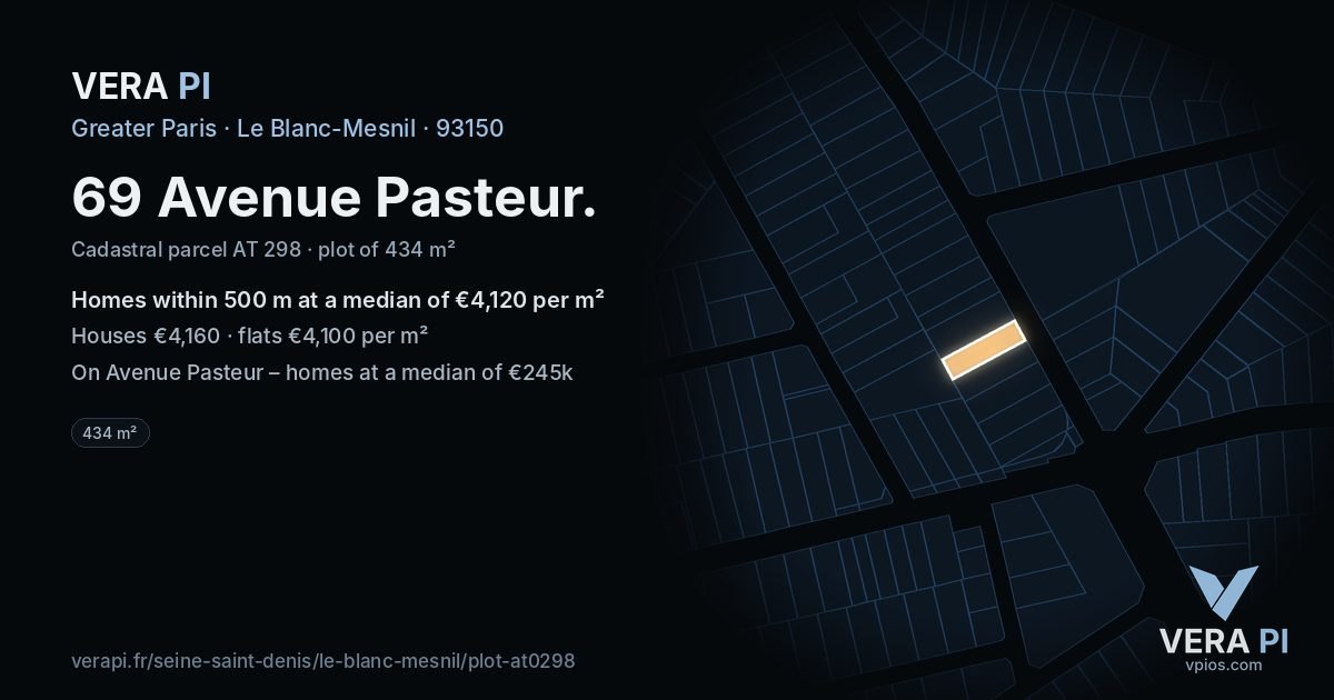 69 Avenue Pasteur, Le Blanc-Mesnil at night – the plot lit, the parcels around coloured by the prices near them
