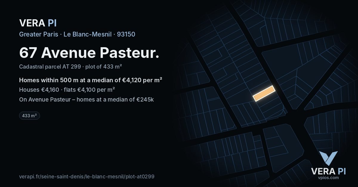 67 Avenue Pasteur, Le Blanc-Mesnil at night – the plot lit, the parcels around coloured by the prices near them