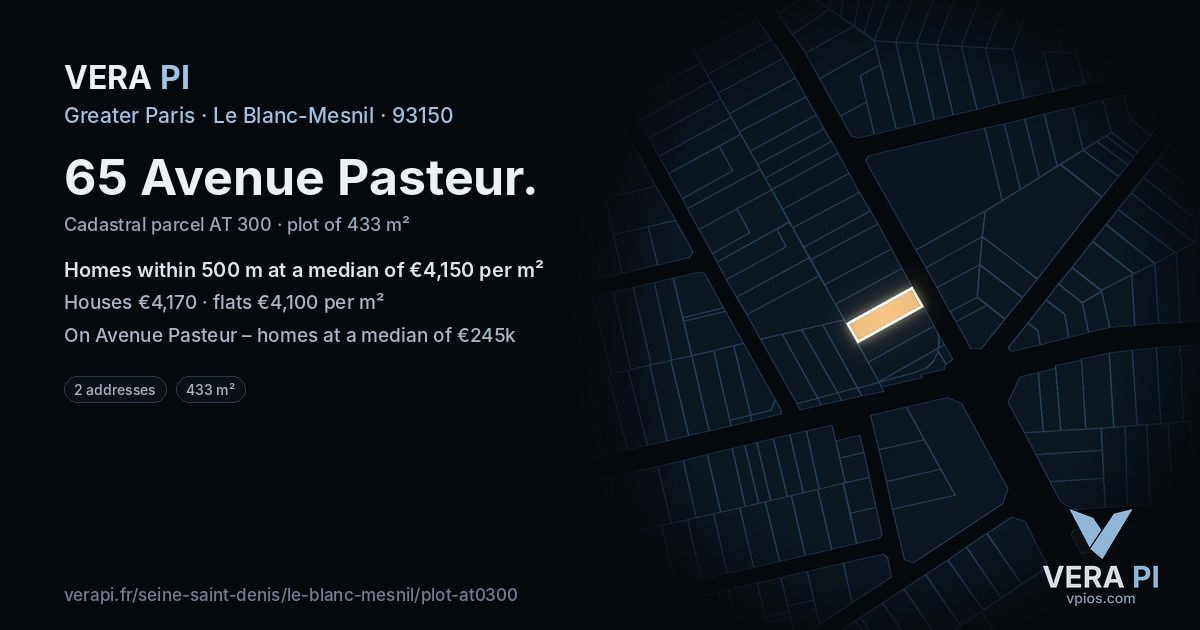 65 Avenue Pasteur, Le Blanc-Mesnil at night – the plot lit, the parcels around coloured by the prices near them