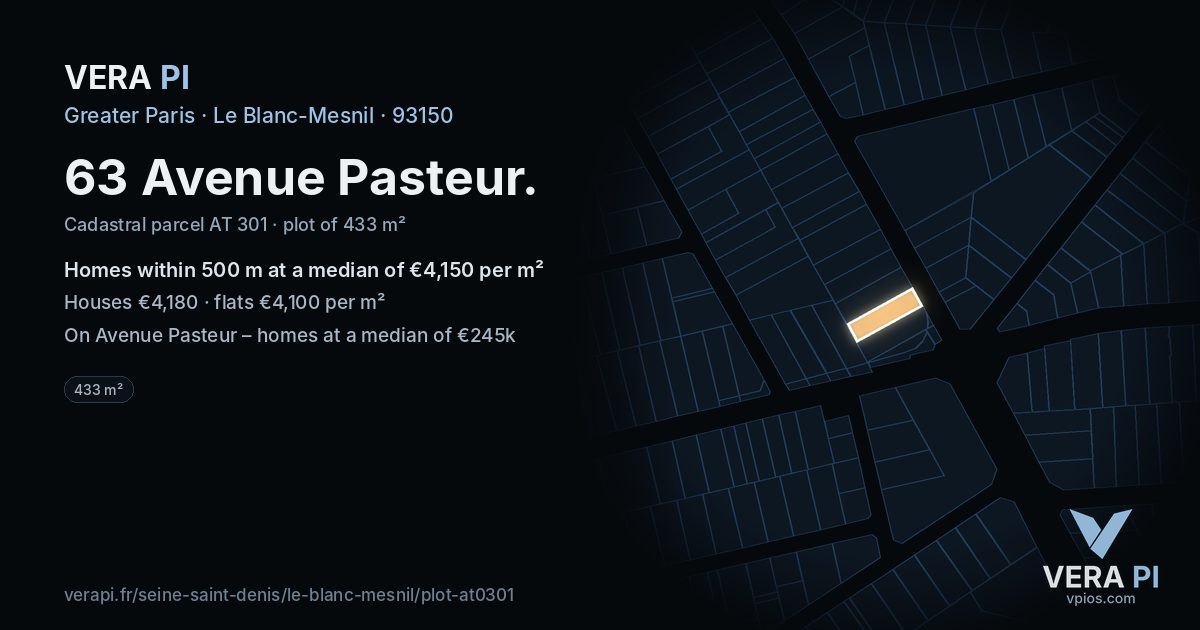 63 Avenue Pasteur, Le Blanc-Mesnil at night – the plot lit, the parcels around coloured by the prices near them
