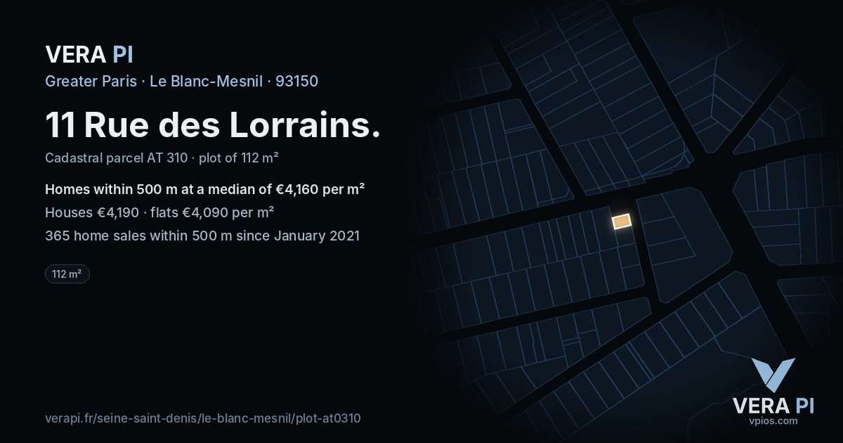 11 Rue des Lorrains, Le Blanc-Mesnil at night – the plot lit, the parcels around coloured by the prices near them