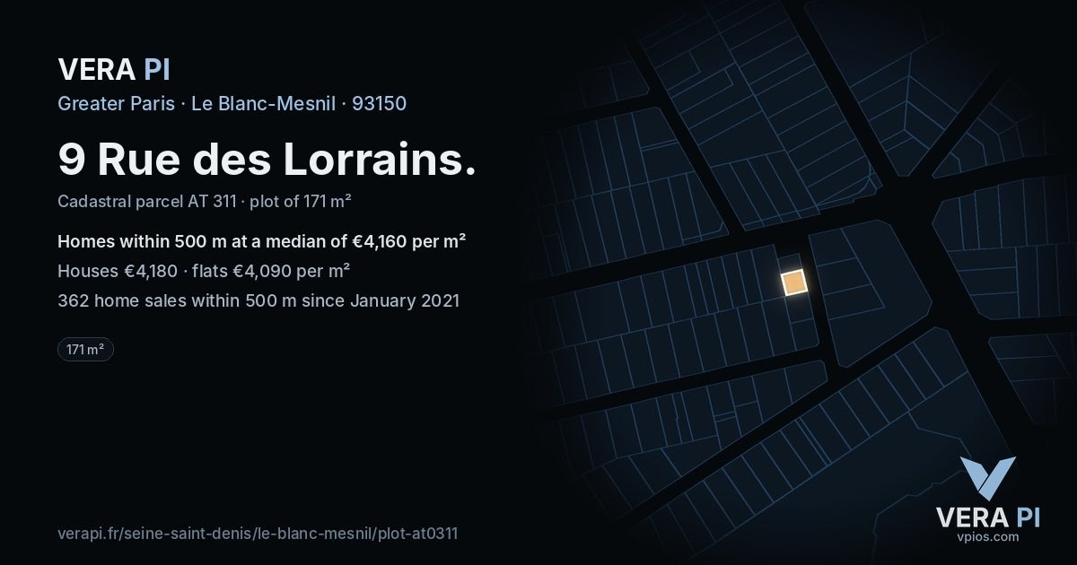 9 Rue des Lorrains, Le Blanc-Mesnil at night – the plot lit, the parcels around coloured by the prices near them