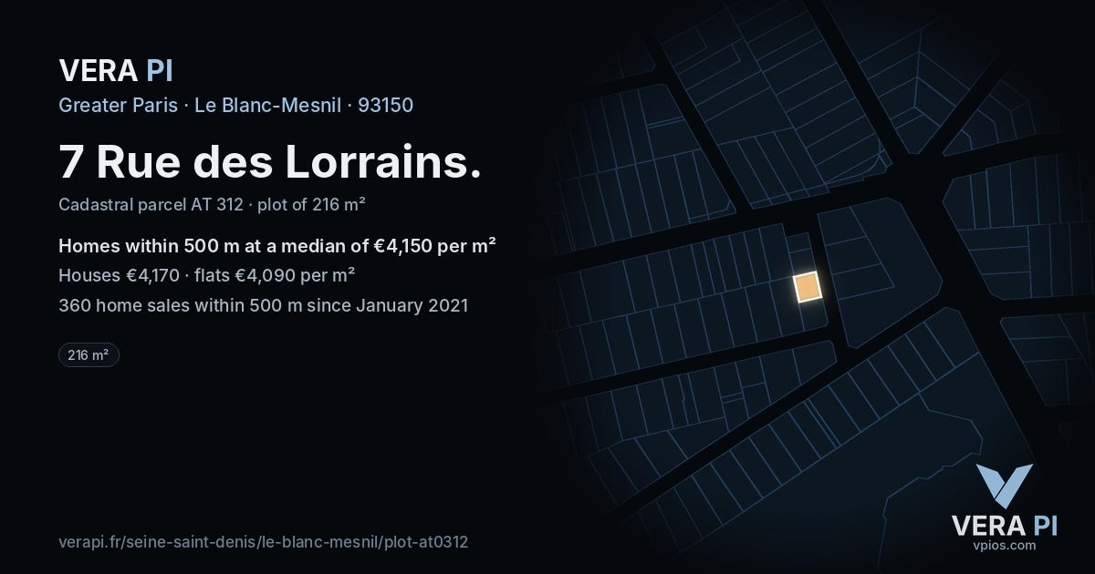 7 Rue des Lorrains, Le Blanc-Mesnil at night – the plot lit, the parcels around coloured by the prices near them