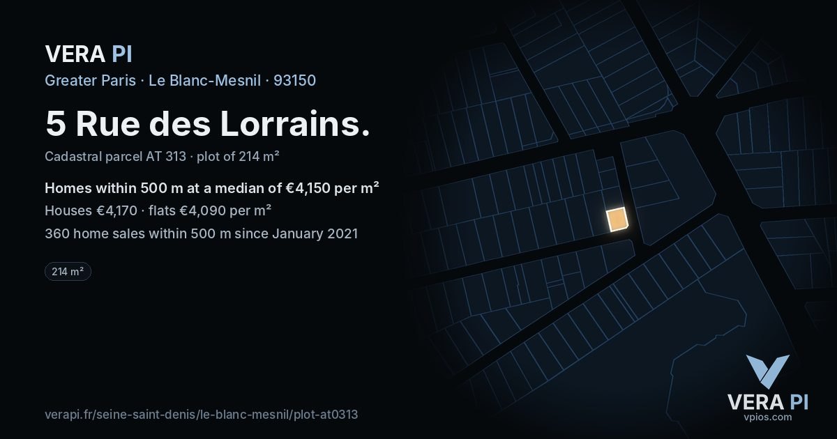 5 Rue des Lorrains, Le Blanc-Mesnil at night – the plot lit, the parcels around coloured by the prices near them