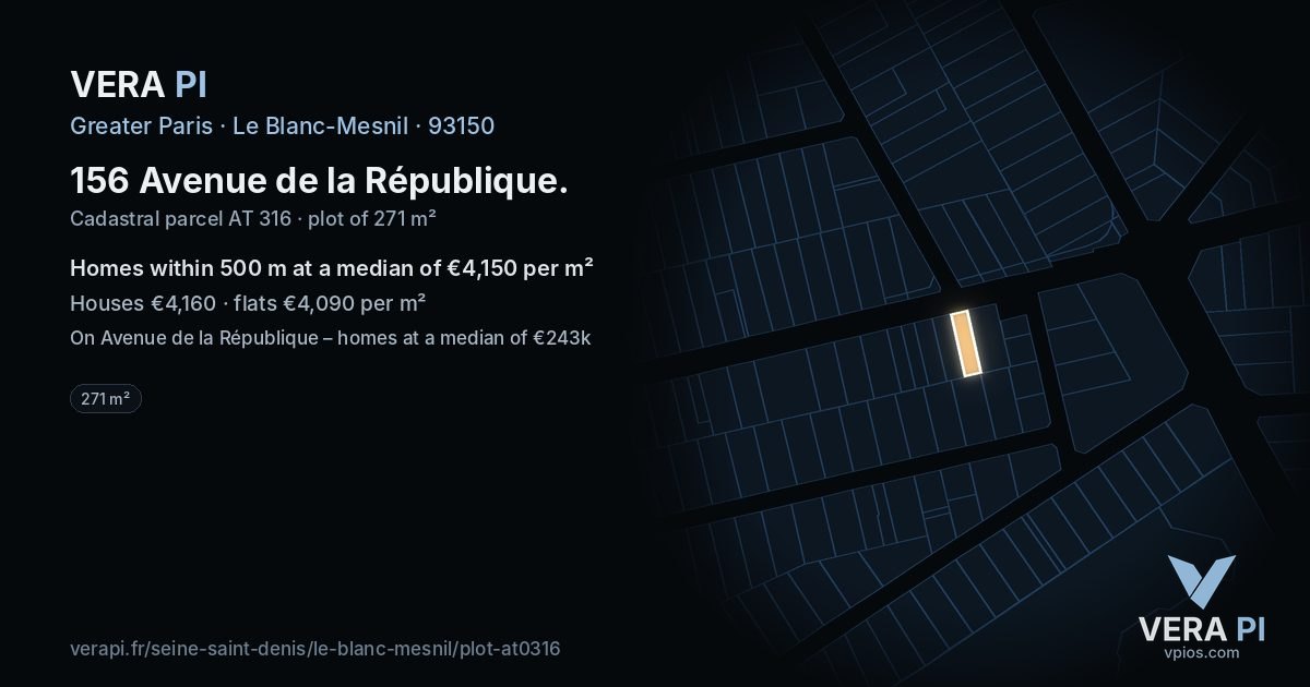 156 Avenue de la République, Le Blanc-Mesnil at night – the plot lit, the parcels around coloured by the prices near them