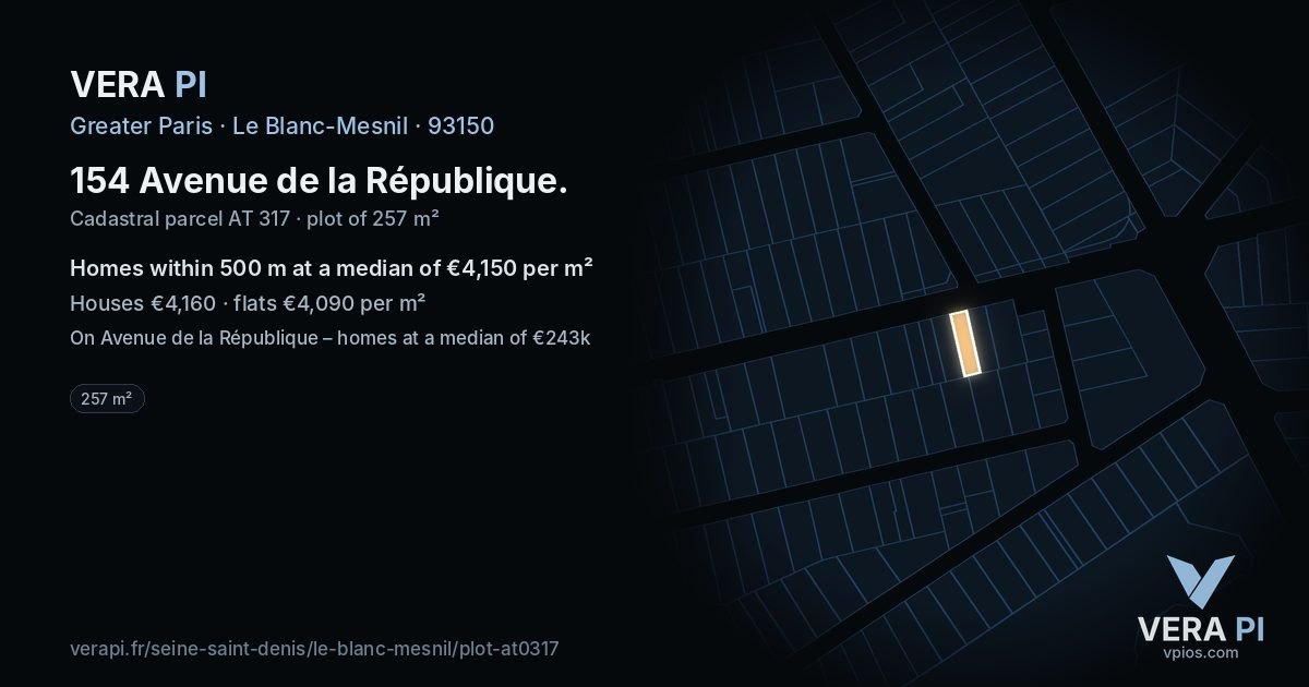 154 Avenue de la République, Le Blanc-Mesnil at night – the plot lit, the parcels around coloured by the prices near them