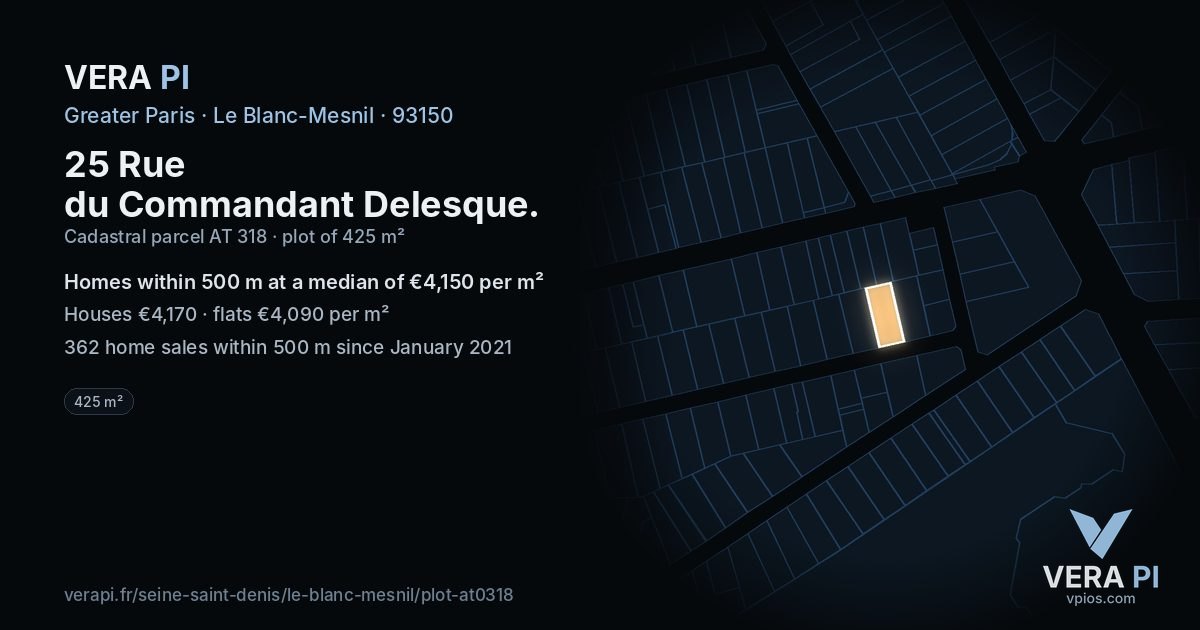 25 Rue du Commandant Delesque, Le Blanc-Mesnil at night – the plot lit, the parcels around coloured by the prices near them