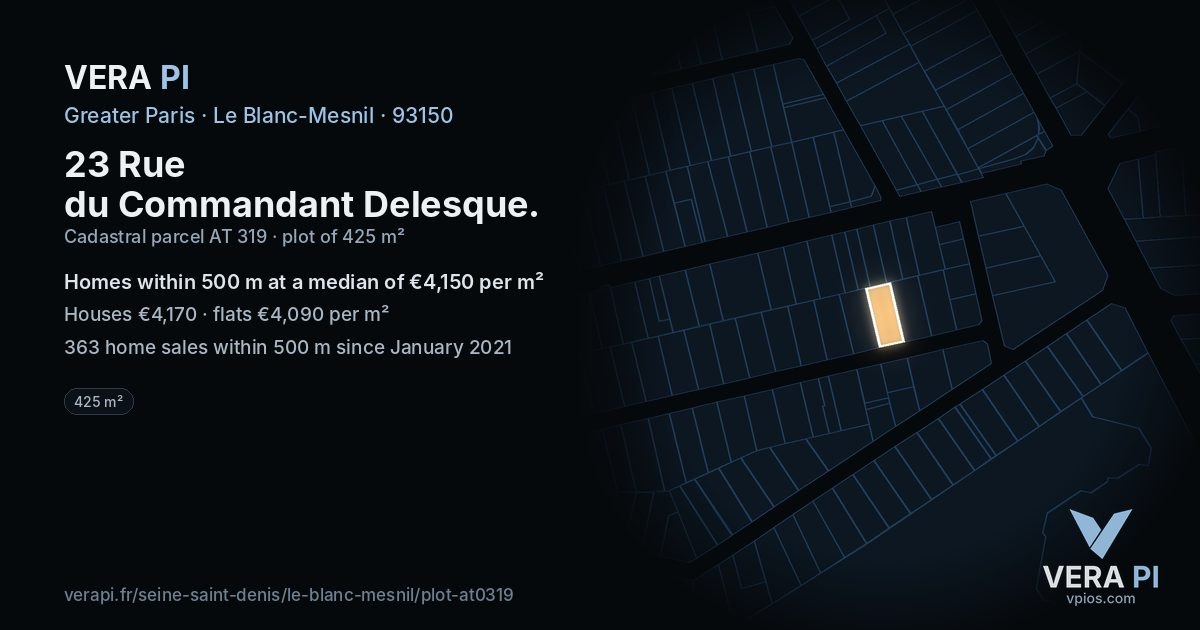 23 Rue du Commandant Delesque, Le Blanc-Mesnil at night – the plot lit, the parcels around coloured by the prices near them