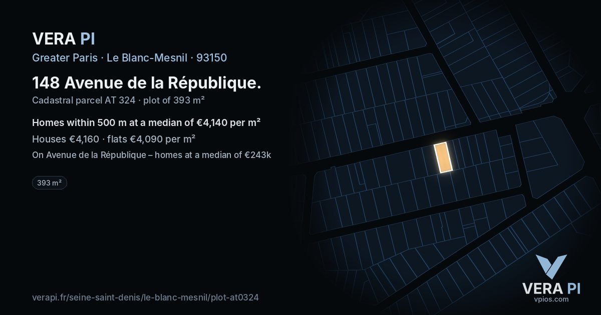 148 Avenue de la République, Le Blanc-Mesnil at night – the plot lit, the parcels around coloured by the prices near them