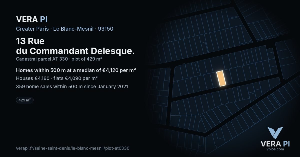 13 Rue du Commandant Delesque, Le Blanc-Mesnil at night – the plot lit, the parcels around coloured by the prices near them