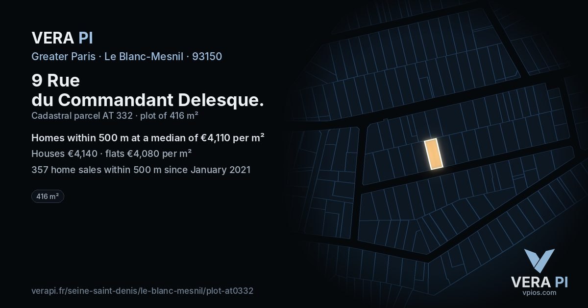 9 Rue du Commandant Delesque, Le Blanc-Mesnil at night – the plot lit, the parcels around coloured by the prices near them