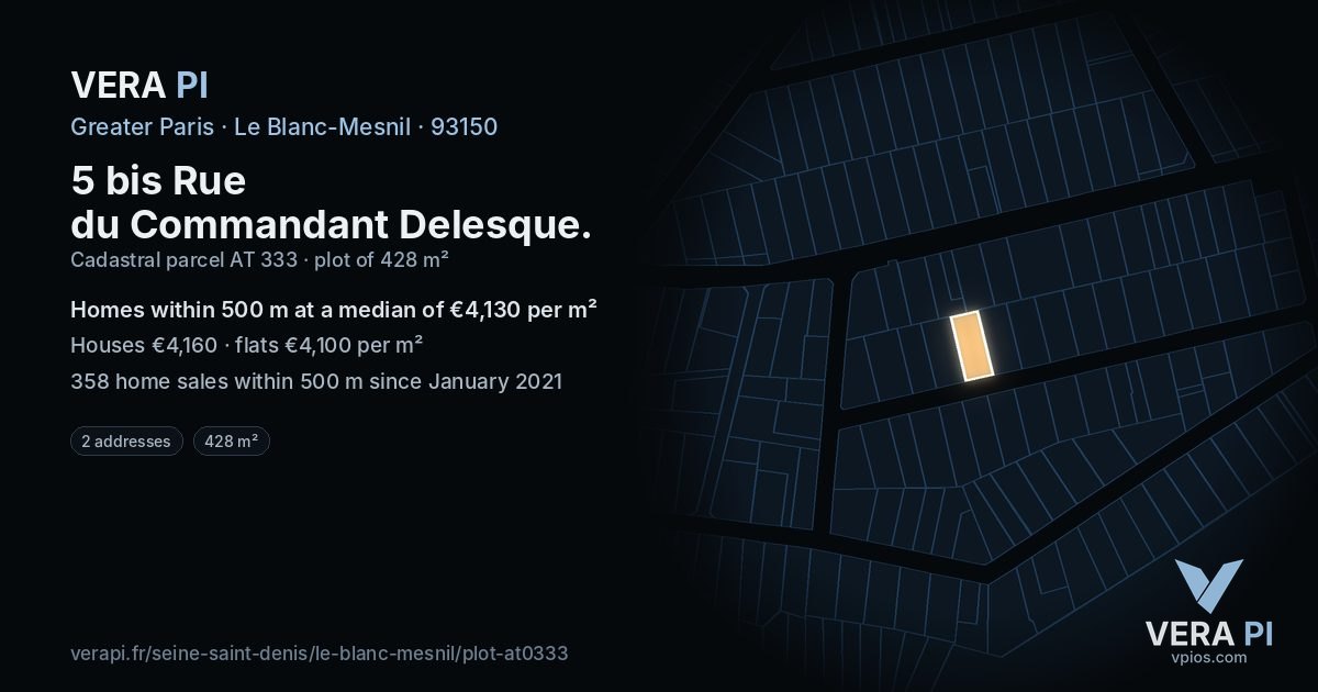 5 bis Rue du Commandant Delesque, Le Blanc-Mesnil at night – the plot lit, the parcels around coloured by the prices near them