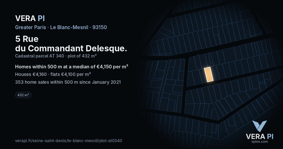 5 Rue du Commandant Delesque, Le Blanc-Mesnil at night – the plot lit, the parcels around coloured by the prices near them