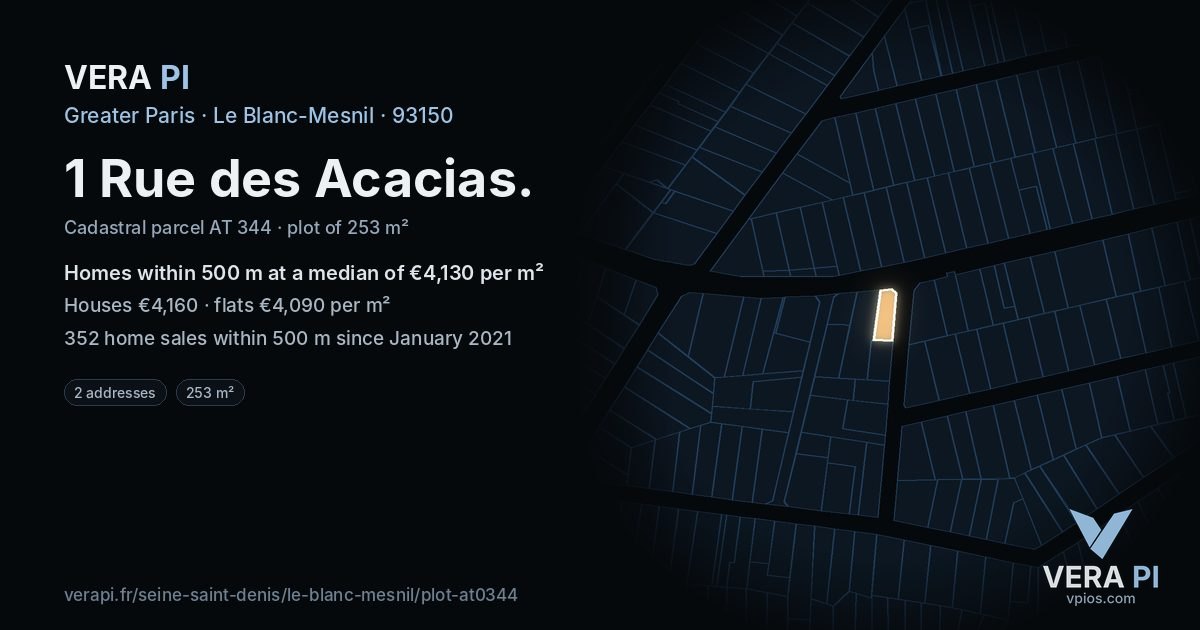 1 Rue des Acacias, Le Blanc-Mesnil at night – the plot lit, the parcels around coloured by the prices near them