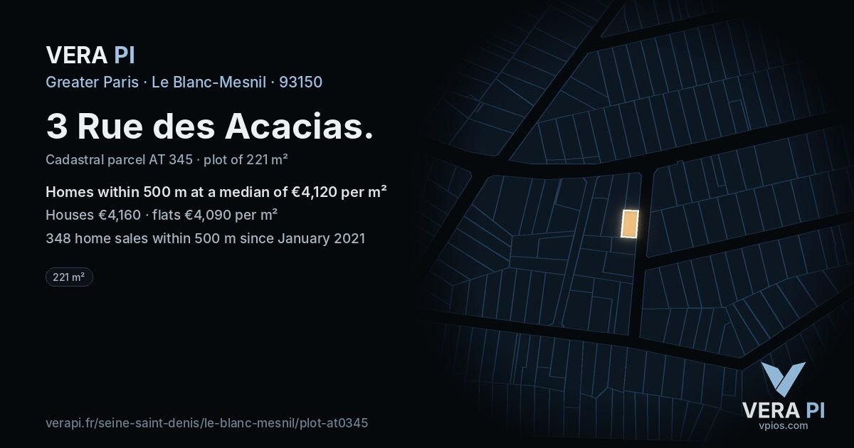 3 Rue des Acacias, Le Blanc-Mesnil at night – the plot lit, the parcels around coloured by the prices near them