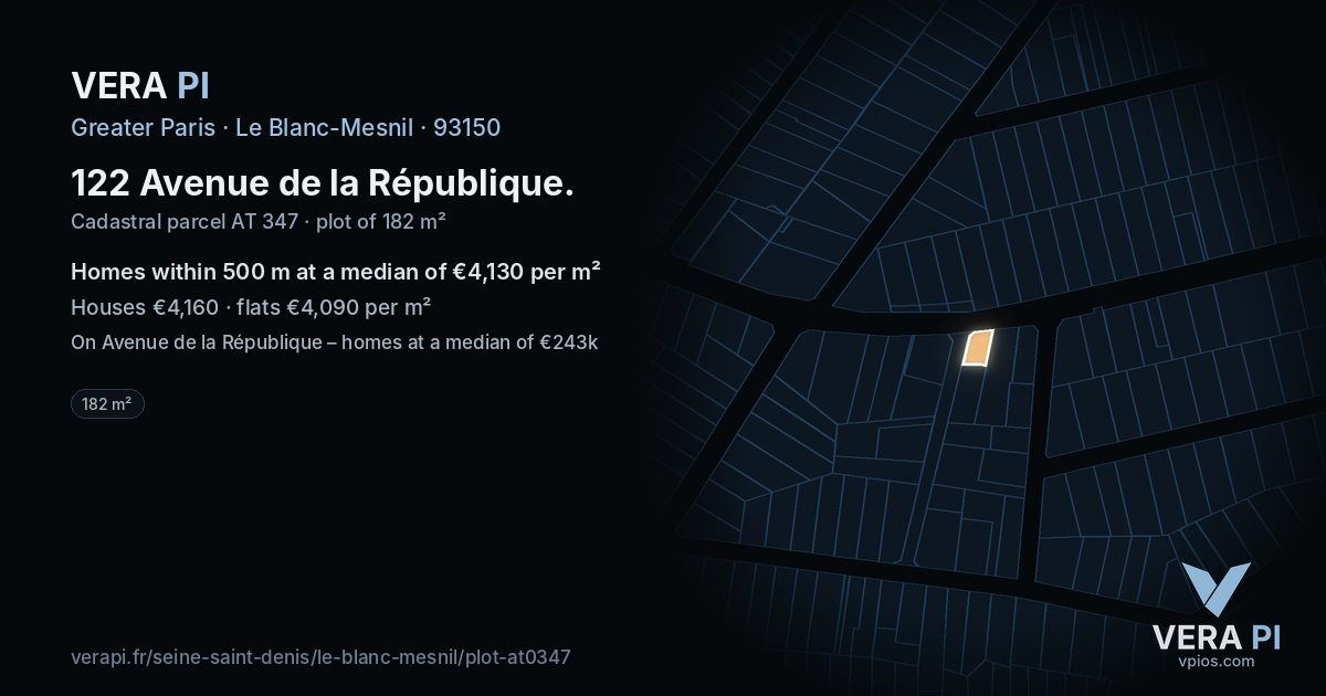 122 Avenue de la République, Le Blanc-Mesnil at night – the plot lit, the parcels around coloured by the prices near them