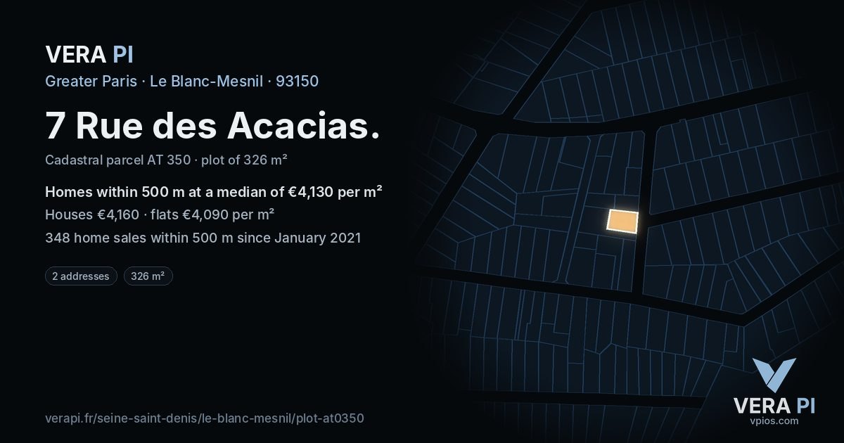 7 Rue des Acacias, Le Blanc-Mesnil at night – the plot lit, the parcels around coloured by the prices near them