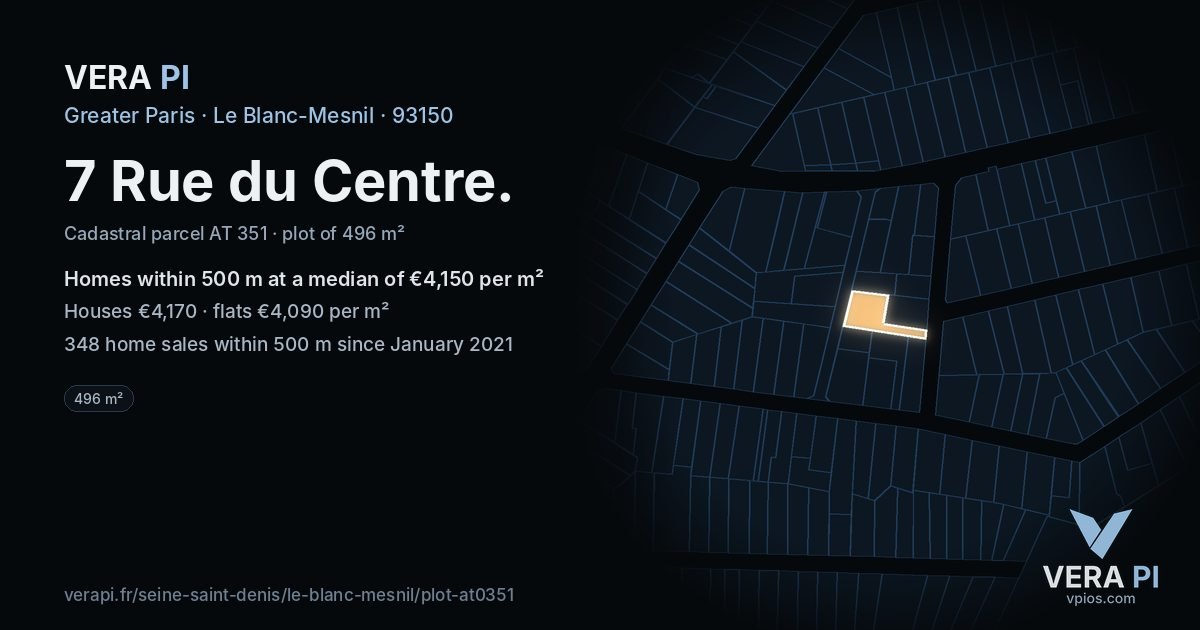 7 Rue du Centre, Le Blanc-Mesnil at night – the plot lit, the parcels around coloured by the prices near them