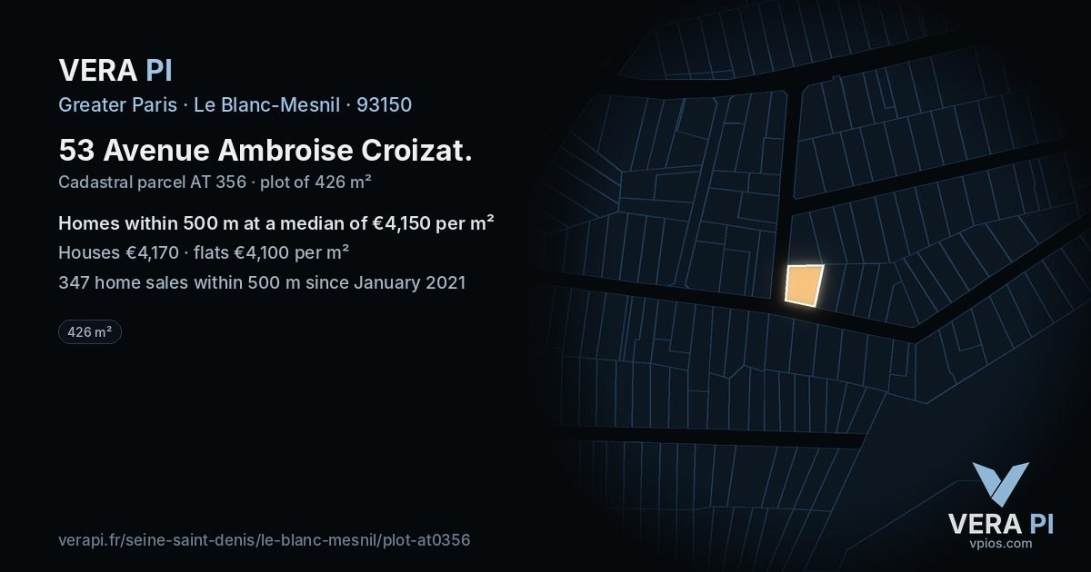 53 Avenue Ambroise Croizat, Le Blanc-Mesnil at night – the plot lit, the parcels around coloured by the prices near them